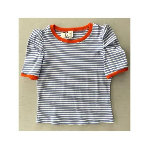 Maeve Anthropologie Sz XL Puff Sleeve Ribbed T-Shirt Blue Striped Casual Preppy - Picture 3 of 12